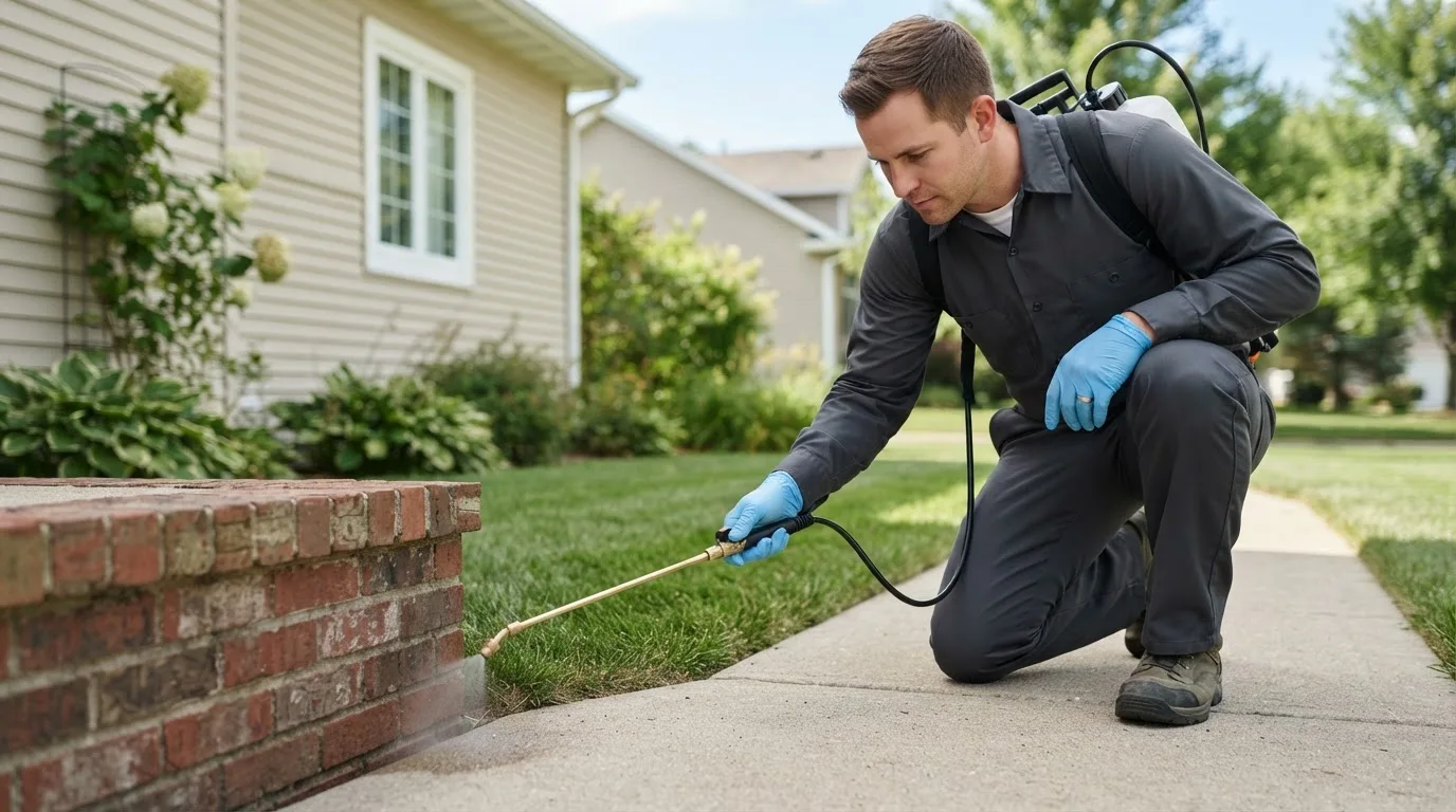 Pest control technician treating a home near Rio Rancho, NM
